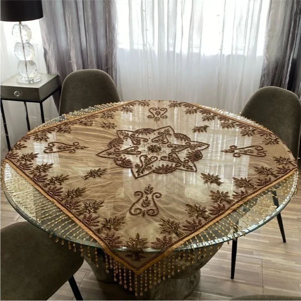 Elegant Brown and Gold  beaded Tablecloth, handmade in India 🇮🇳